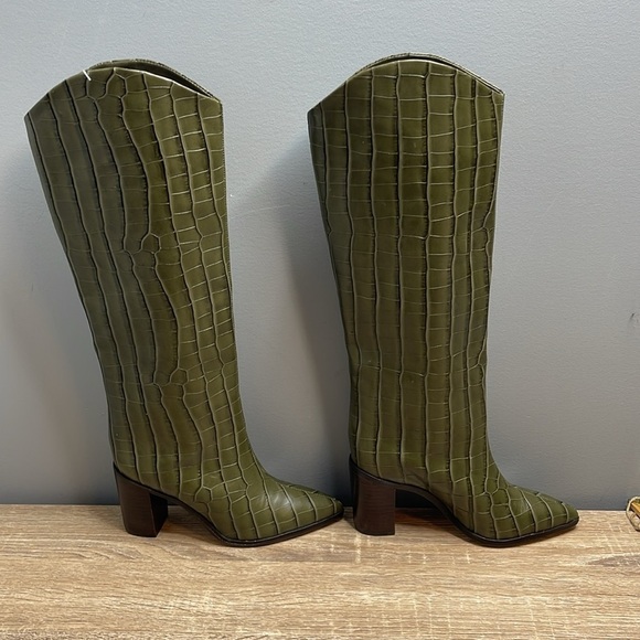 Schutz NWT Maryanna Olive Green Croc-Embossed Knee-High Boots - Picture 6 of 12